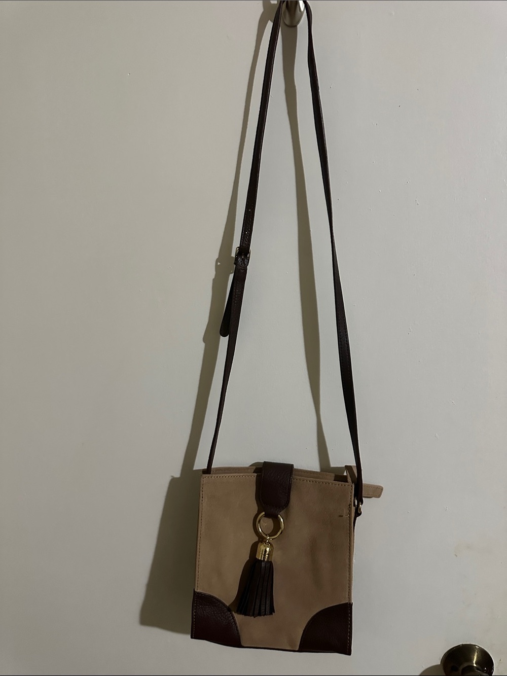 Talbots Beige and Dark Brown Suede Crossbody Bag with Tassel